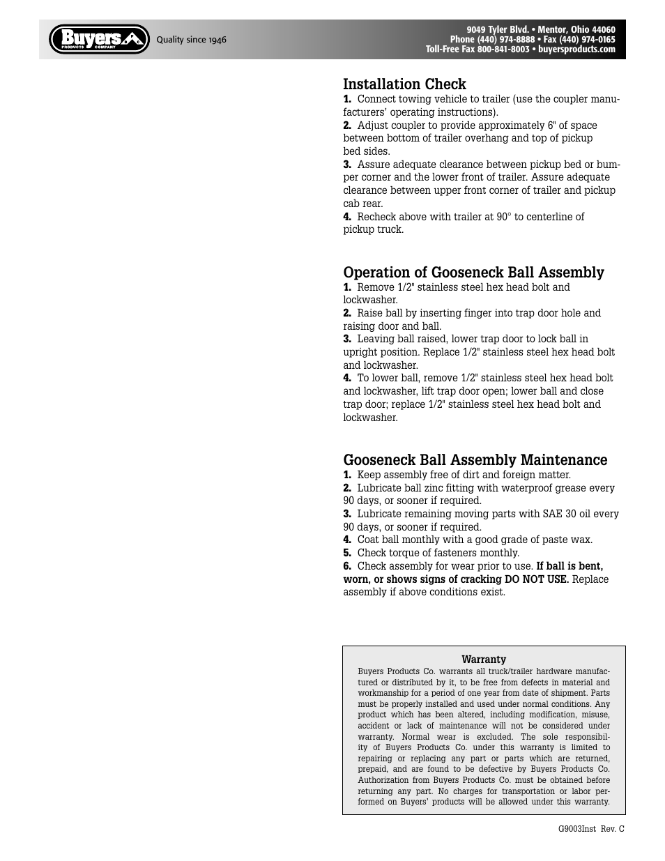 Installation check, Operation of gooseneck ball assembly, Gooseneck ball assembly maintenance | Buyers G9003 User Manual | Page 4 / 4