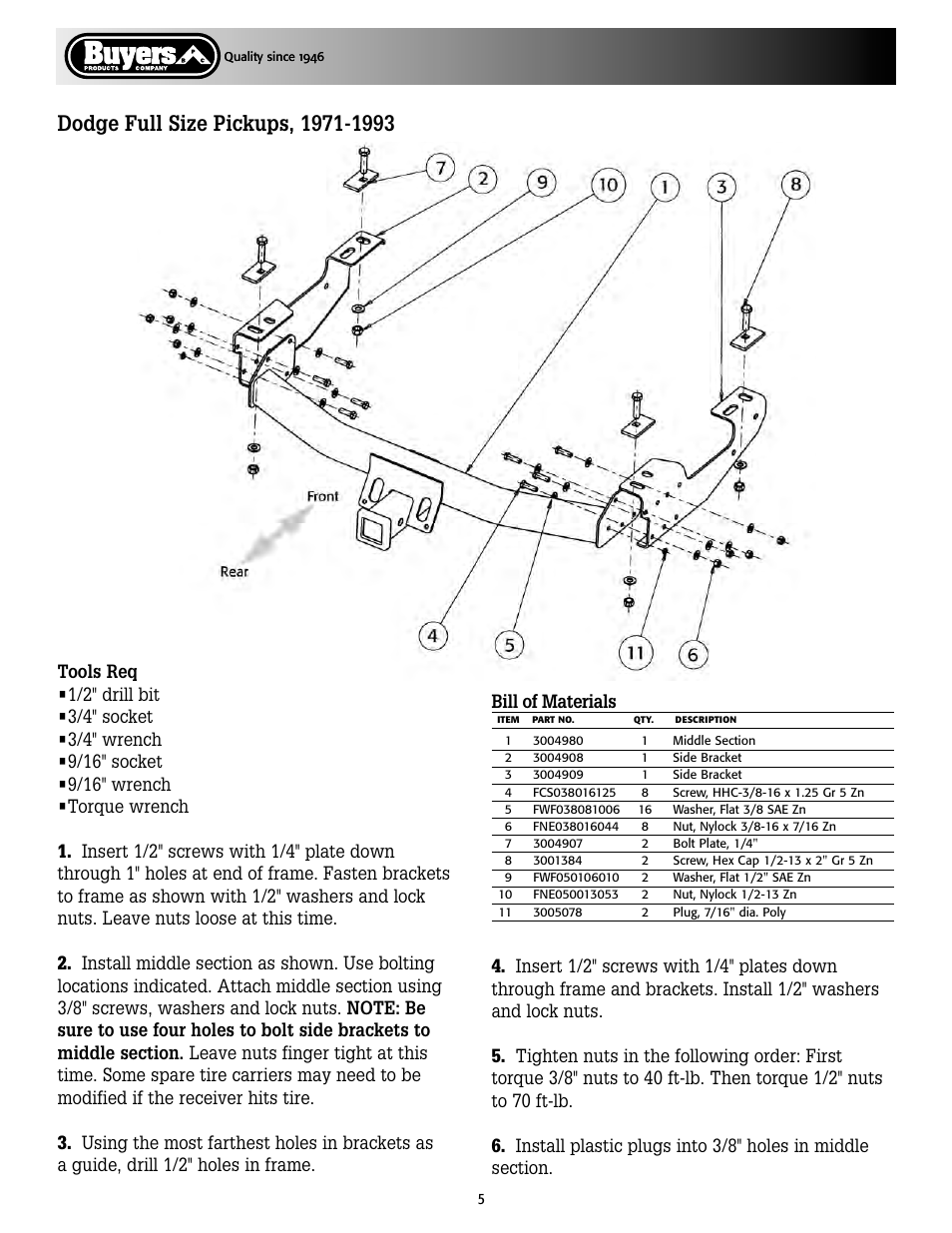 Bill of materials | Buyers 1801005 User Manual | Page 5 / 12