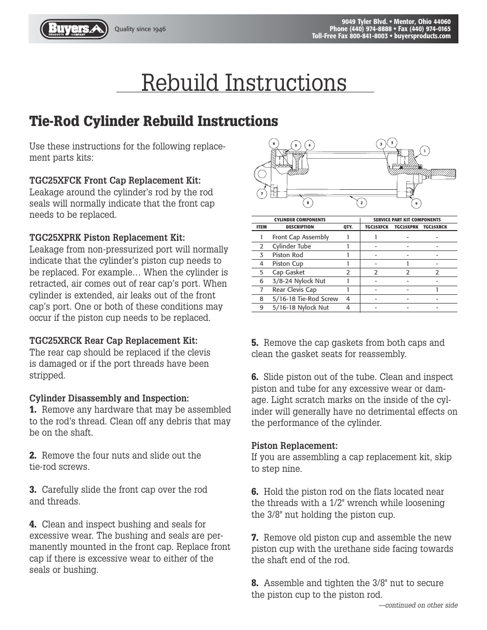 Buyers Tie-Rod Cylinder User Manual | 2 pages