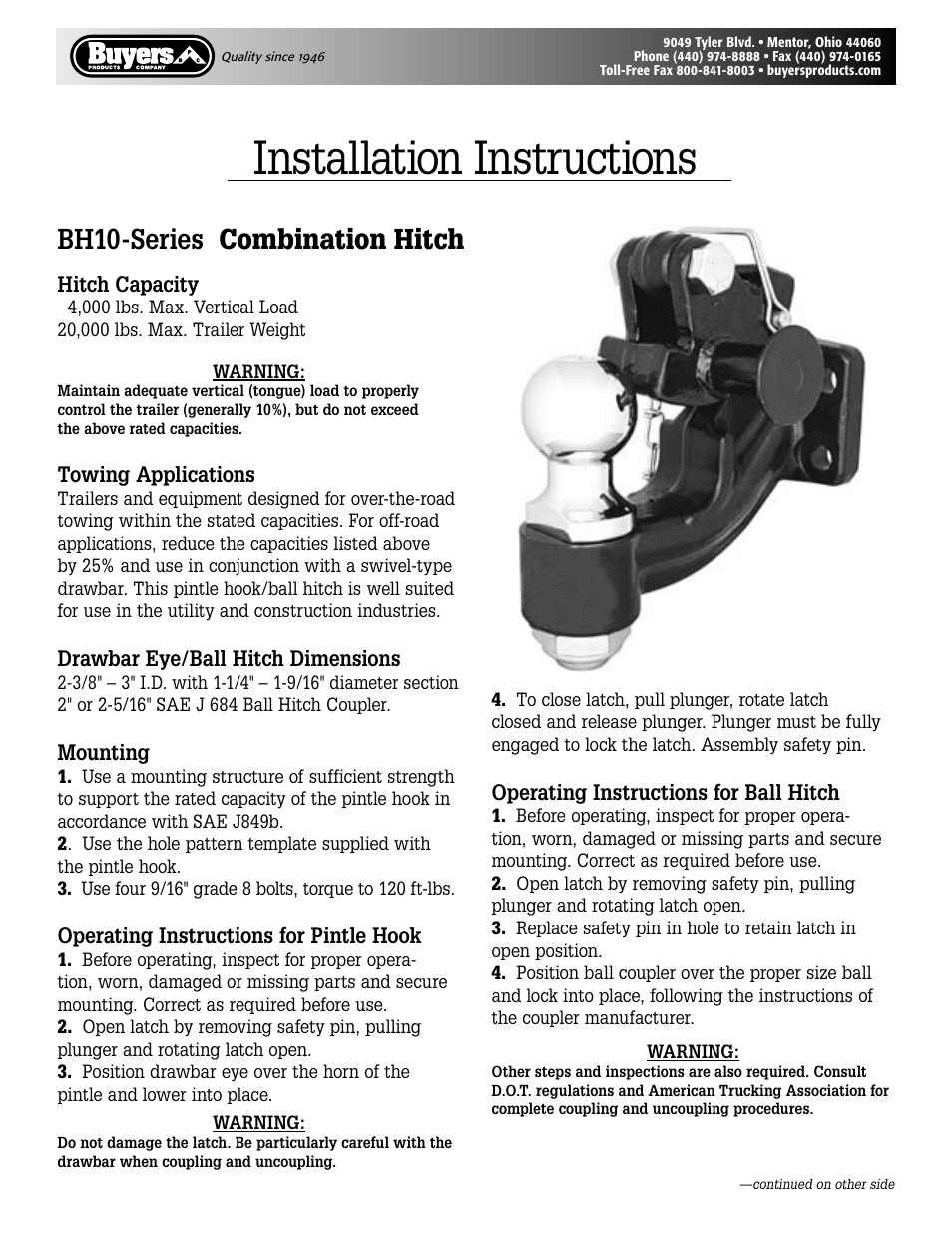 Buyers BH10 Series User Manual | 2 pages