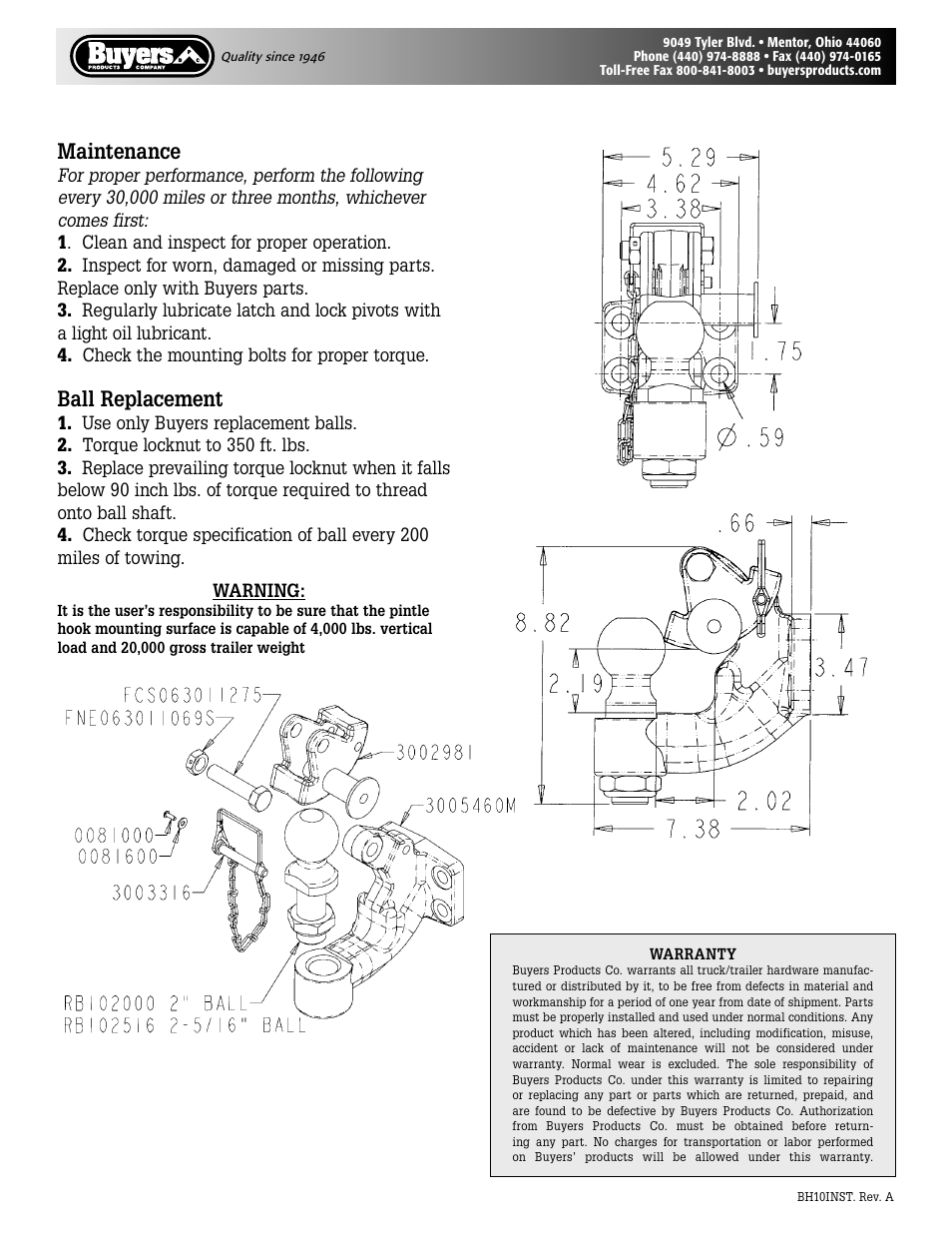 Maintenance, Ball replacement | Buyers BH10 Series User Manual | Page 2 / 2