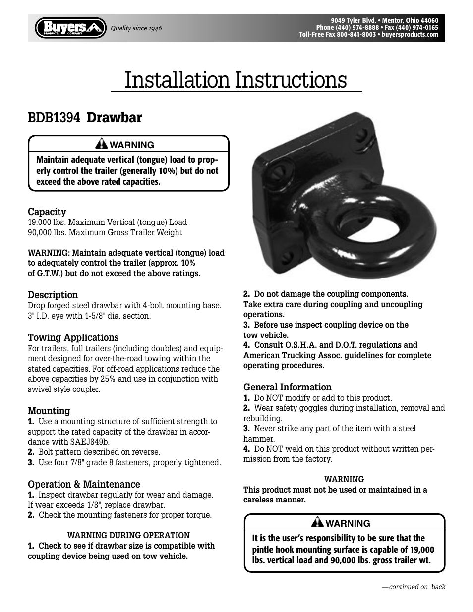 Buyers BDB1394 User Manual | 2 pages