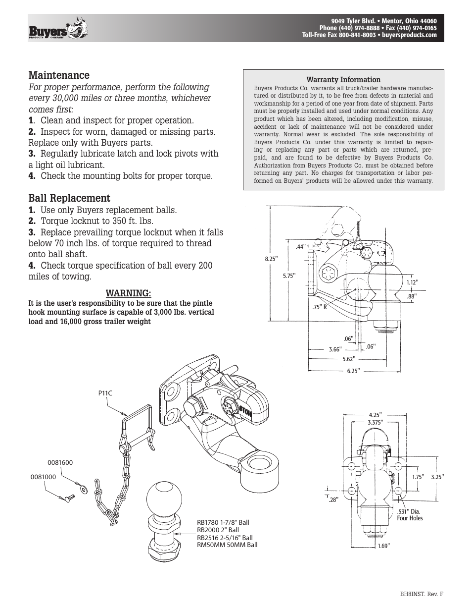 Maintenance, Ball replacement | Buyers BH81780 User Manual | Page 2 / 2