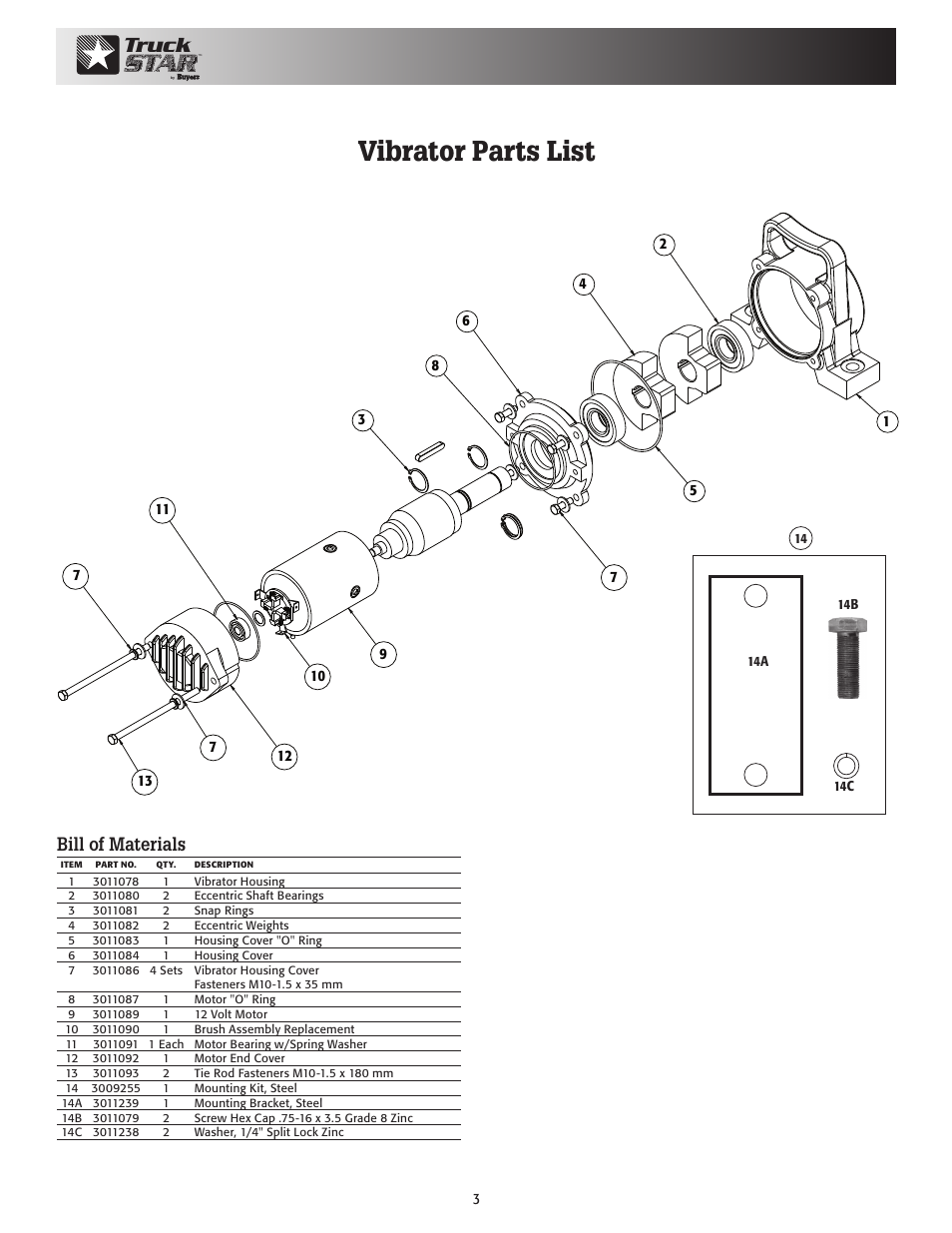 Vibrator parts list, Truck, Bill of materials | Buyers DBV3500 User Manual | Page 3 / 4