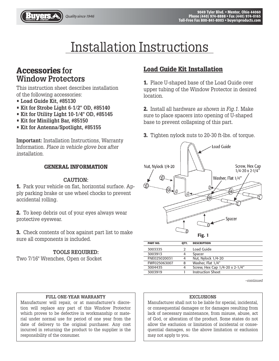 Buyers 85130, -40, -45, -50, -55 User Manual | 3 pages