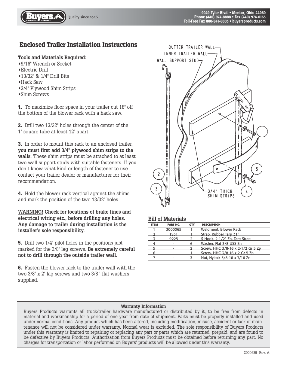 Enclosed trailer installation instructions, Bill of materials | Buyers LT20 User Manual | Page 2 / 2