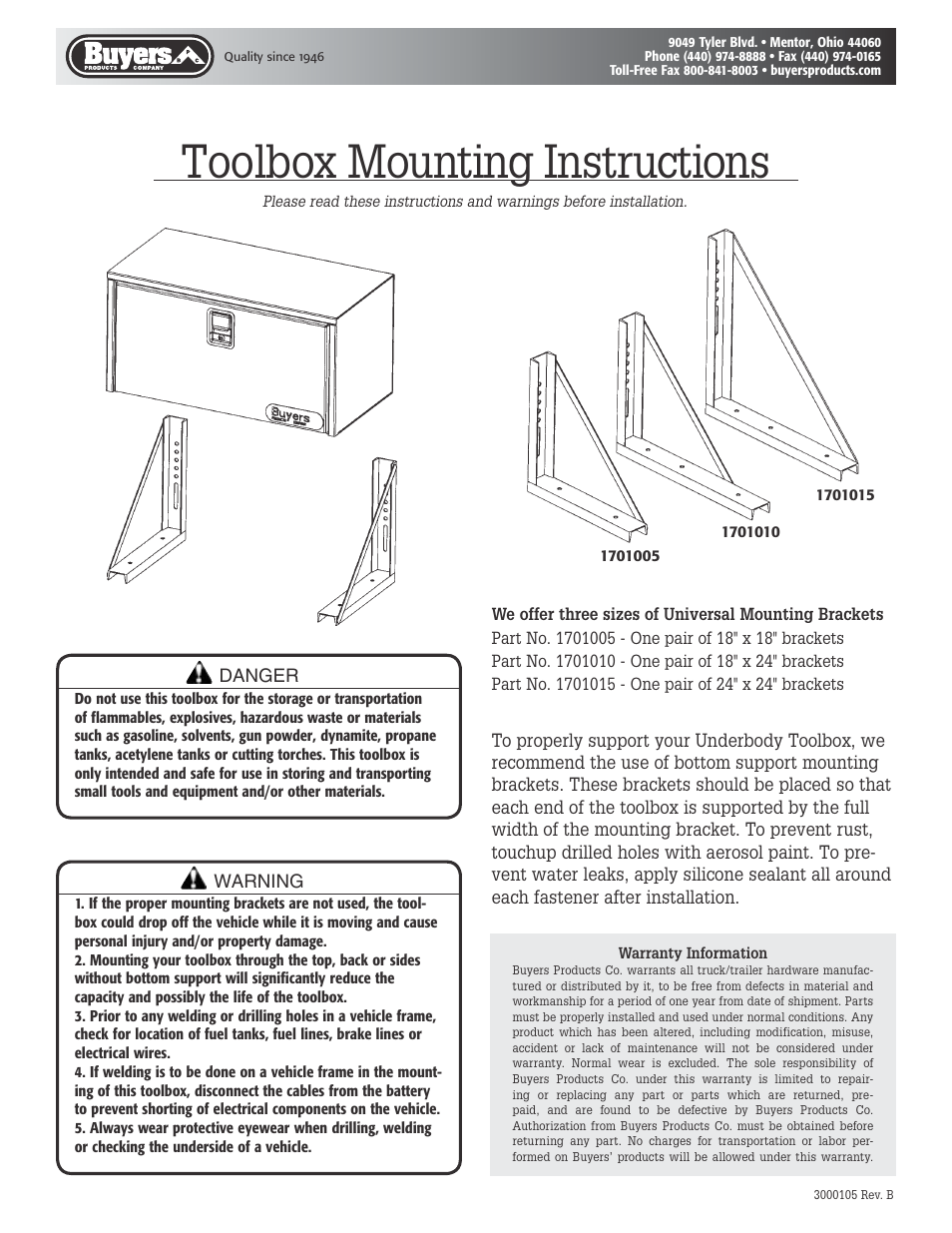 Buyers Underbody Toolboxes User Manual | 1 page