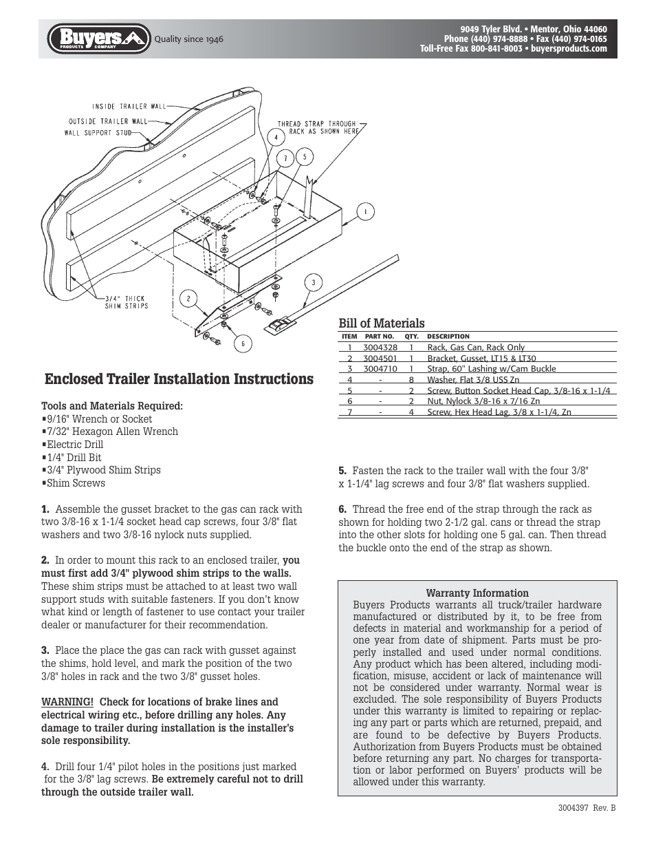 Enclosed trailer installation instructions, Bill of materials | Buyers LT30 User Manual | Page 2 / 2