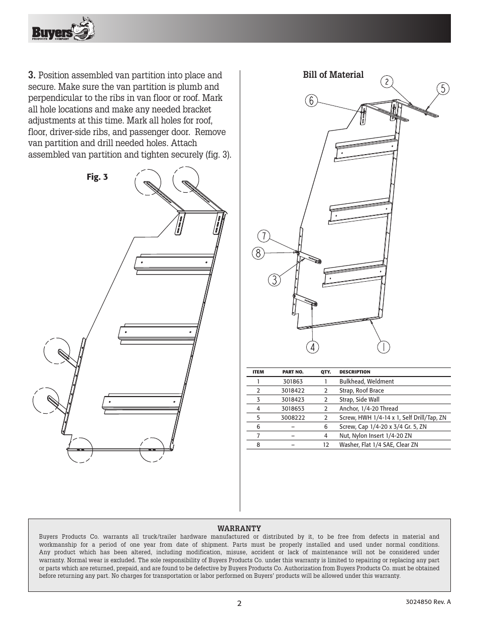 Bill of material, Fig. 3 | Buyers 5412001 User Manual | Page 2 / 2