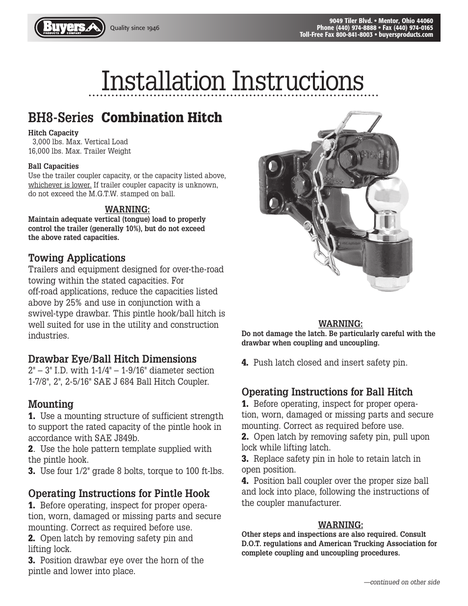 Buyers BH8 Series User Manual | 2 pages