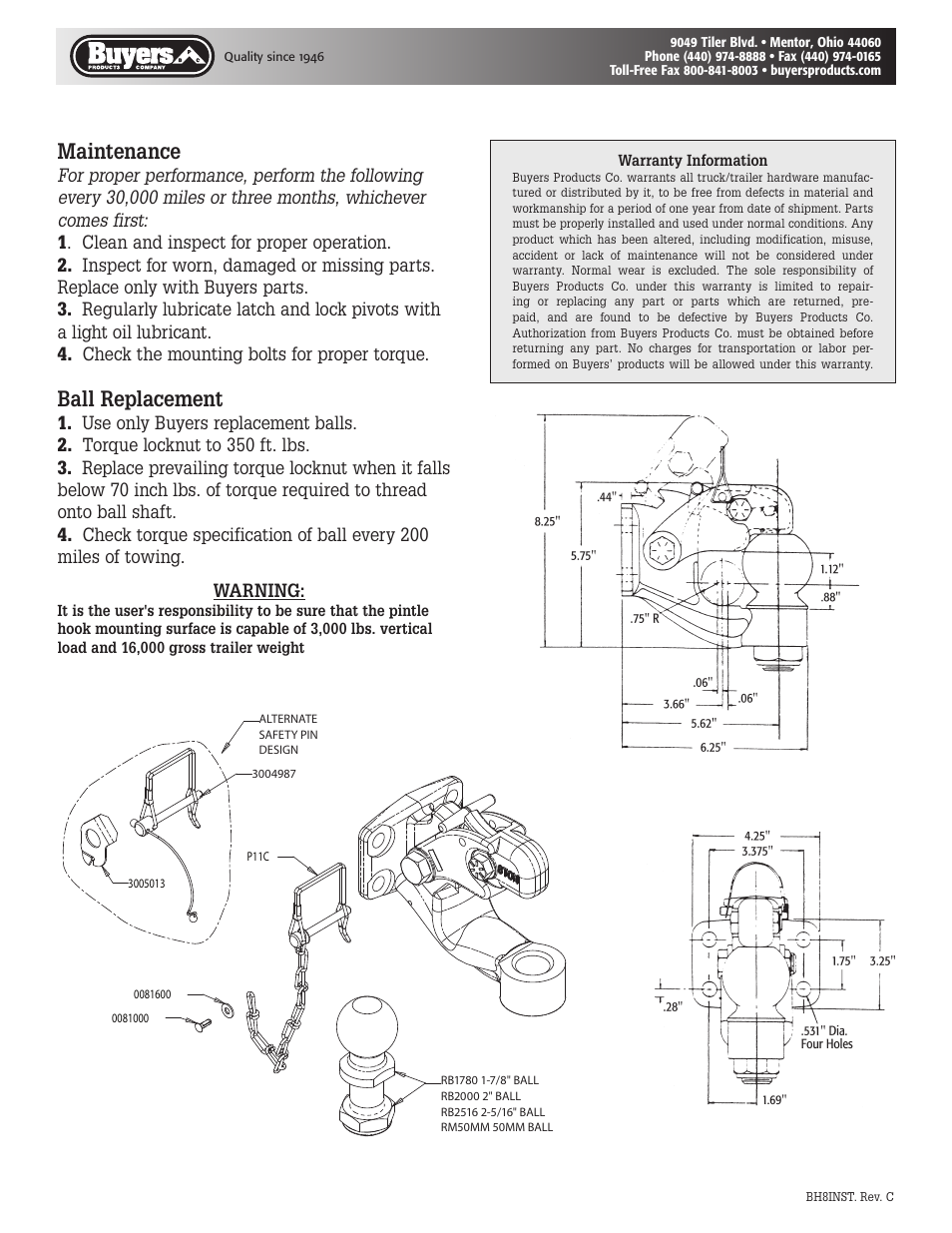 Maintenance, Ball replacement | Buyers BH8 Series User Manual | Page 2 / 2