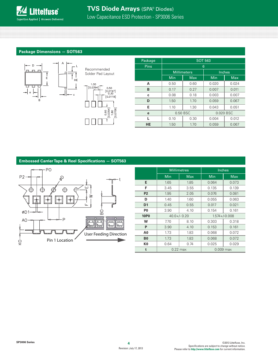 Package, Dimensions — sot563, Tape & reel specifications — sot563 | Tvs diode arrays, Low capacitance esd protection - sp3006 series, Diodes) | Littelfuse SP3006 Series User Manual | Page 4 / 4