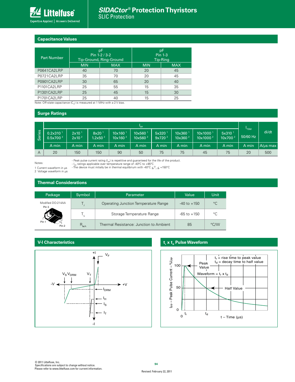 Sidactor, Protection thyristors, Slic protection | Littelfuse Fixed Voltage TwinSLIC Series DO-214 User Manual | Page 2 / 4