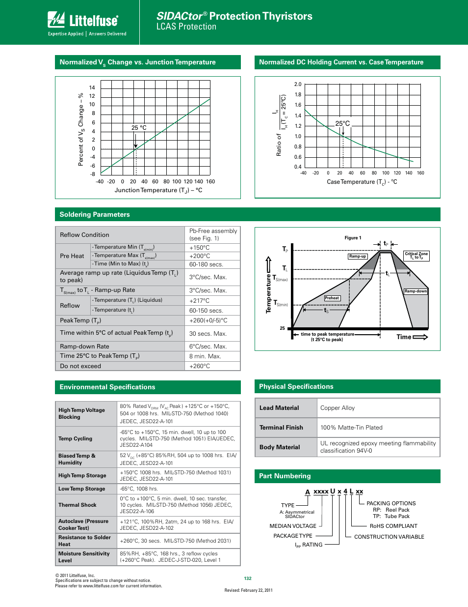 Sidactor, Protection thyristors, Lcas protection | 25°c, Normalized v, Soldering parameters, Physical speciﬁcations environmental speciﬁcations, Part numbering | Littelfuse Asymmetrical Multiport Series MS-013 User Manual | Page 3 / 4