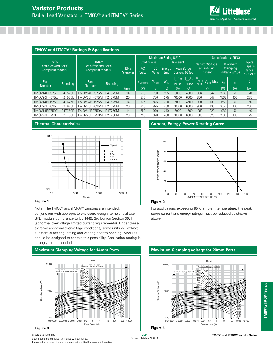 Varistor products, Radial lead varistors > tmov, And itmov | Series, Tmov, It mov, Thermal characteristics, Current, energy, power derating curve, Tmov and itmov, Ratings & specifications | Littelfuse iTMOV Varistor Series User Manual | Page 3 / 8