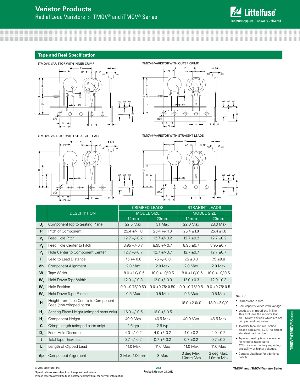 Varistor products, Radial lead varistors > tmov, And itmov | Series, Tmov, It mov, Tape and reel specification | Littelfuse iTMOV Varistor Series User Manual | Page 7 / 8