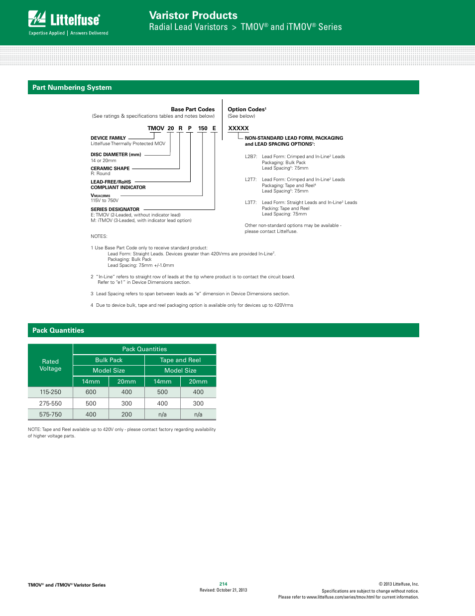Varistor products, Radial lead varistors > tmov, And itmov | Series, Part numbering system, Pack quantities | Littelfuse iTMOV Varistor Series User Manual | Page 8 / 8