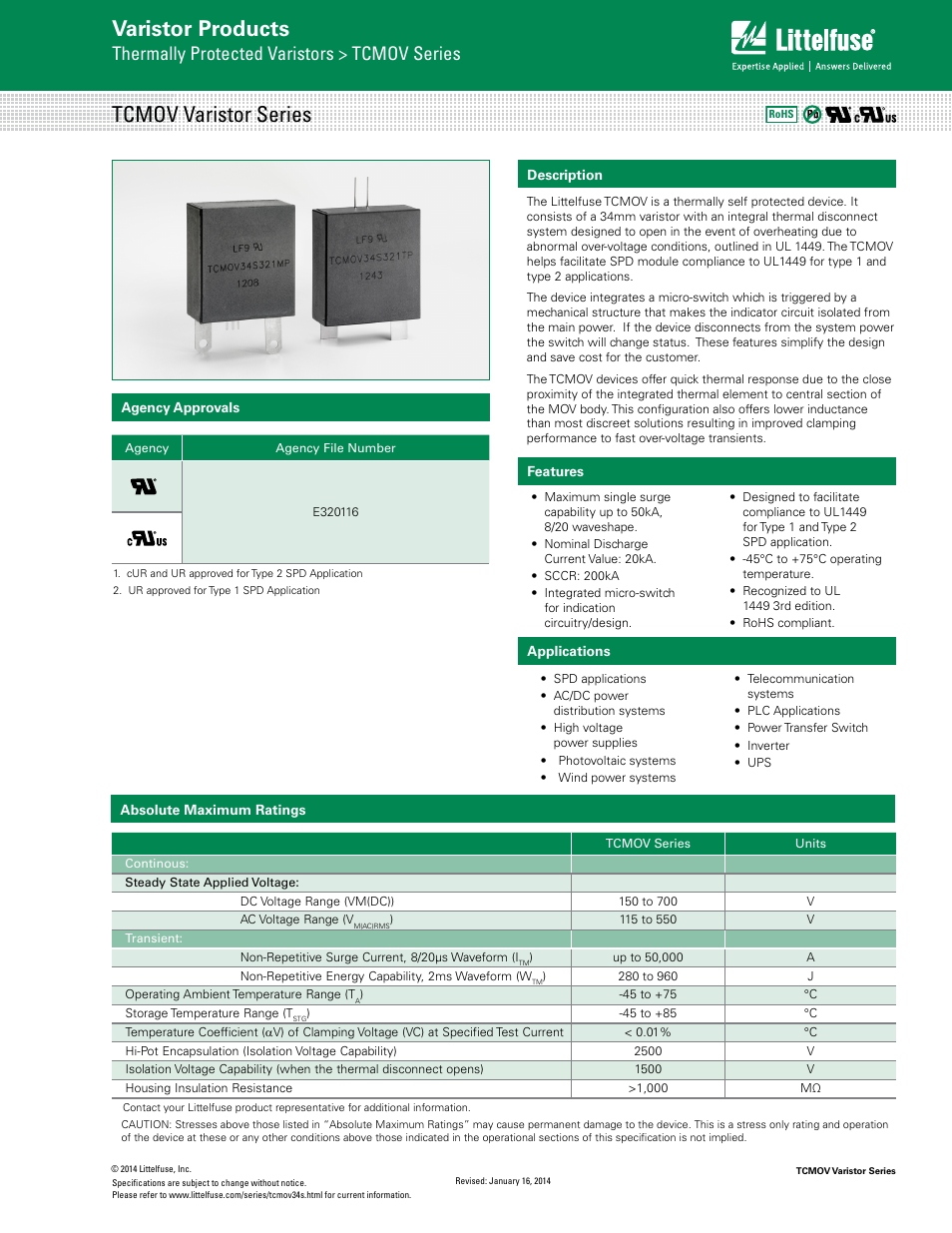 Littelfuse TCMOV Varistor Series User Manual | 6 pages