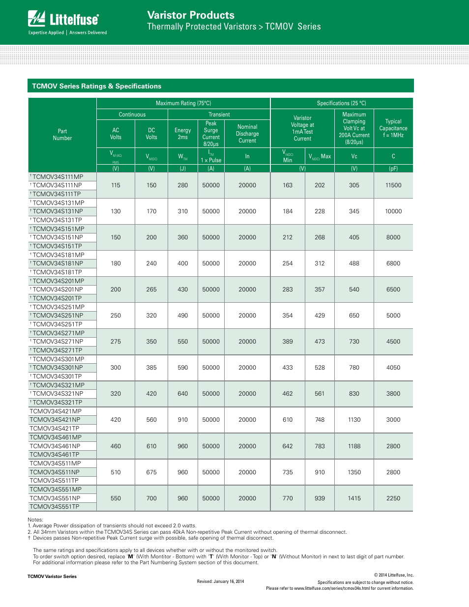 Varistor products, Thermally protected varistors > tcmov series | Littelfuse TCMOV Varistor Series User Manual | Page 2 / 6