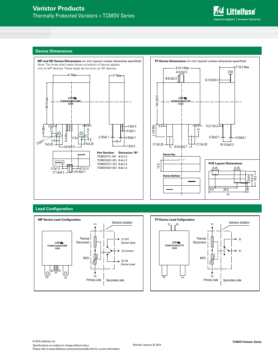 Varistor products, Thermally protected varistors > tcmov series, Hi–en e rgy mo v’s | Tcmov s eries, Device dimensions, Lead configuration | Littelfuse TCMOV Varistor Series User Manual | Page 5 / 6