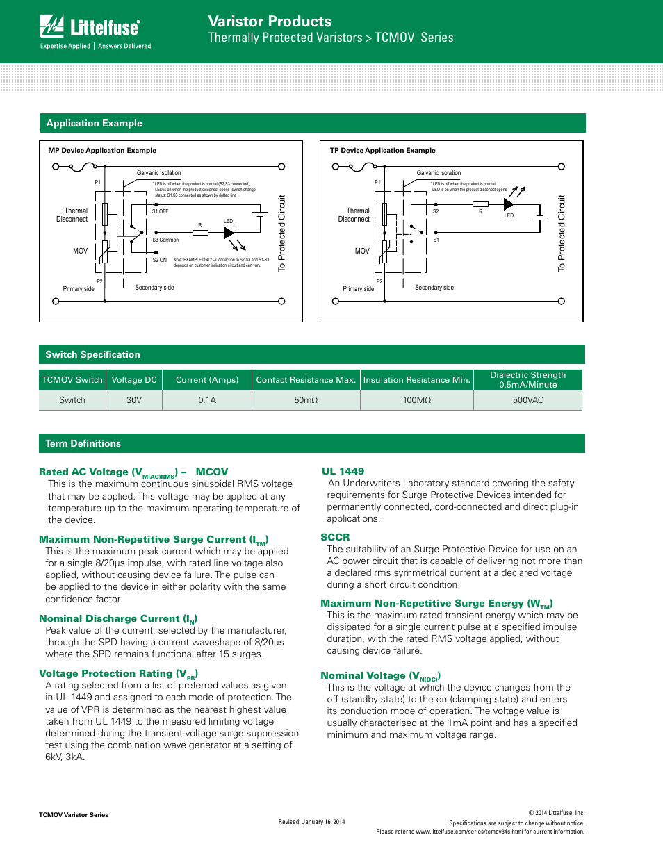 Varistor products, Thermally protected varistors > tcmov series, Switch specification | Littelfuse TCMOV Varistor Series User Manual | Page 6 / 6