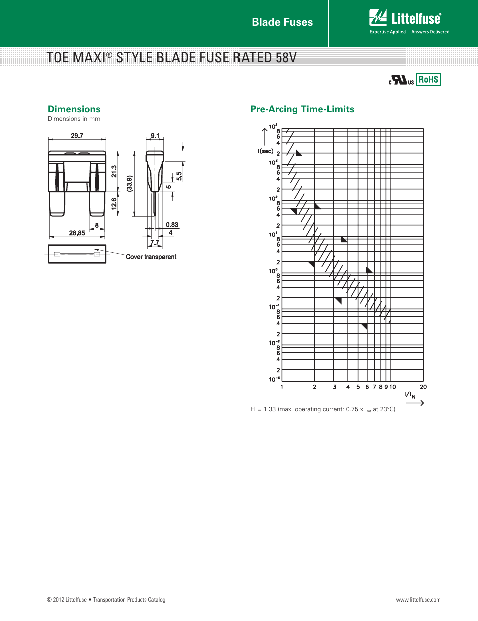 Toe maxi, Style blade fuse rated 58v, Blade fuses | Littelfuse TOE Series User Manual | Page 2 / 2