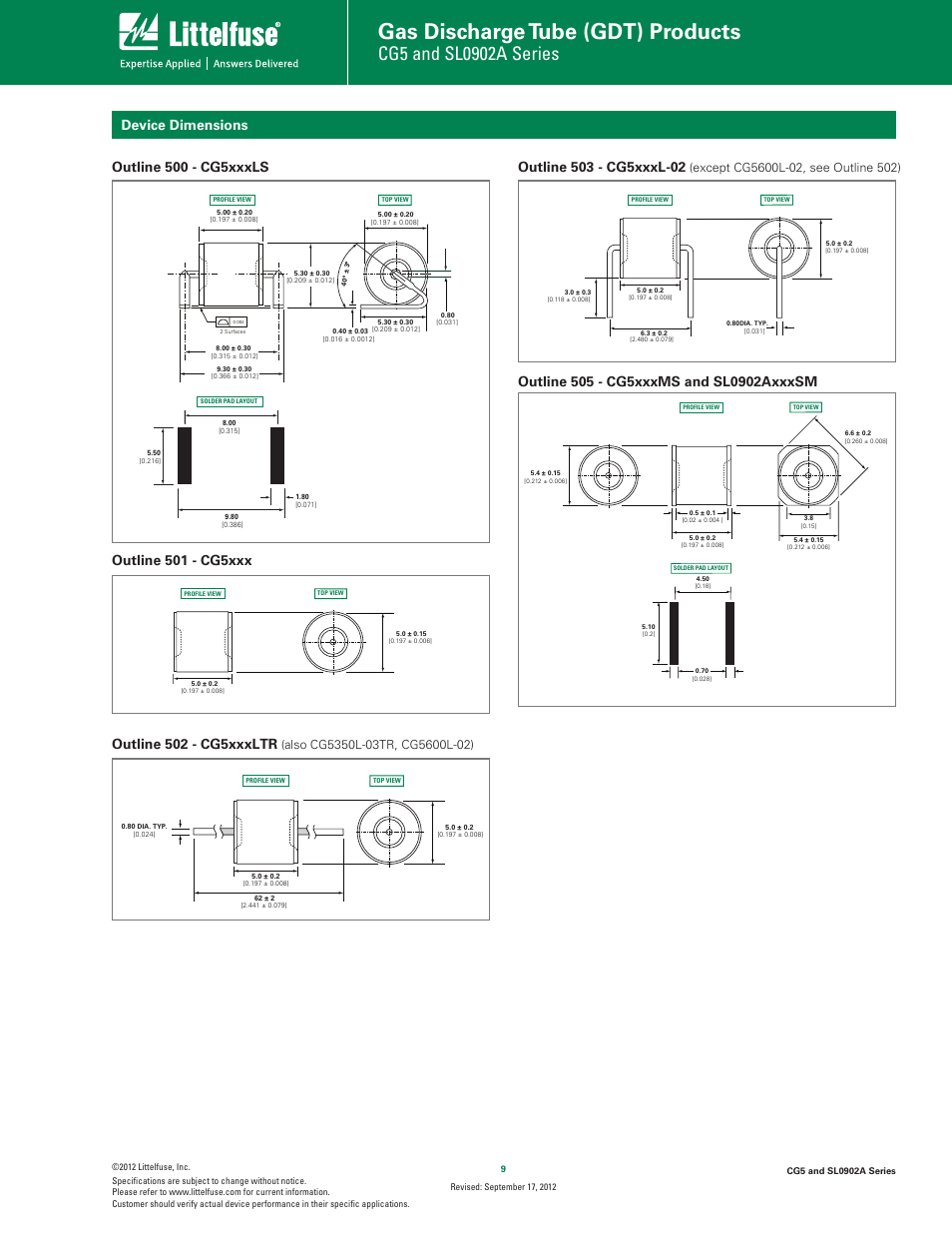 Gas discharge tube (gdt) products, Device dimensions, Outline 502 - cg5xxxltr | Outline 501 - cg5xxx, Outline 500 - cg5xxxls | Littelfuse SL0902A Series User Manual | Page 3 / 5