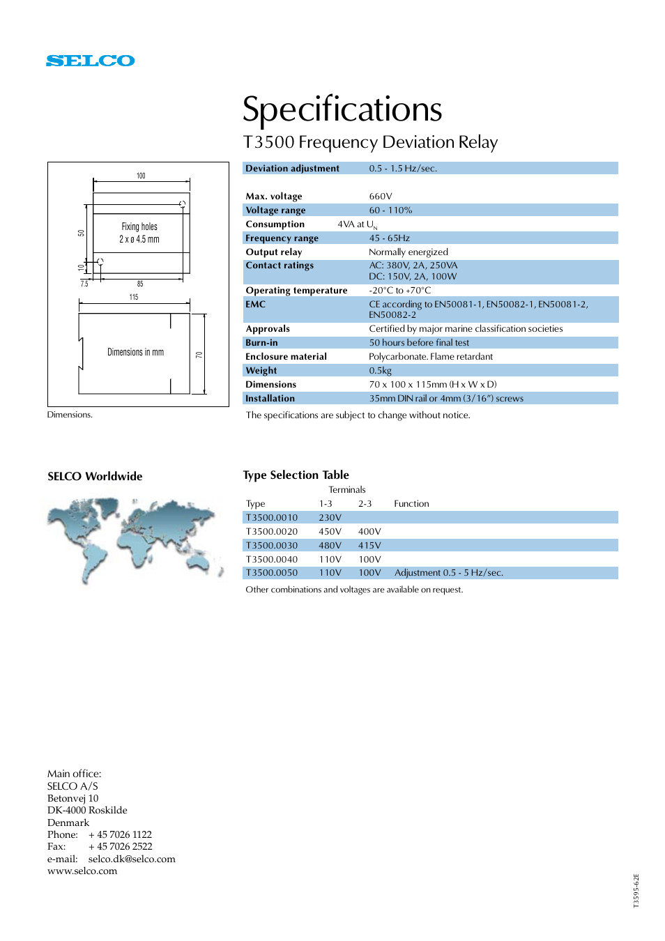 Specifications, T3500 frequency deviation relay, Type selection table | Selco worldwide | Littelfuse T3500 Series User Manual | Page 2 / 2