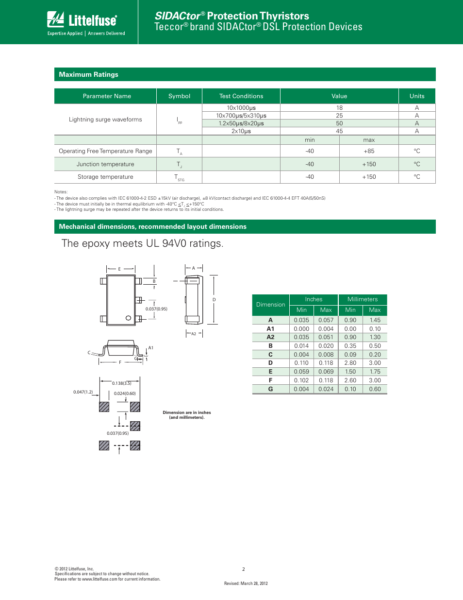 Sidactor, Protection thyristors, Teccor | Brand sidactor, Dsl protection devices, The epoxy meets ul 94v0 ratings | Littelfuse P0080T023G5 User Manual | Page 2 / 6