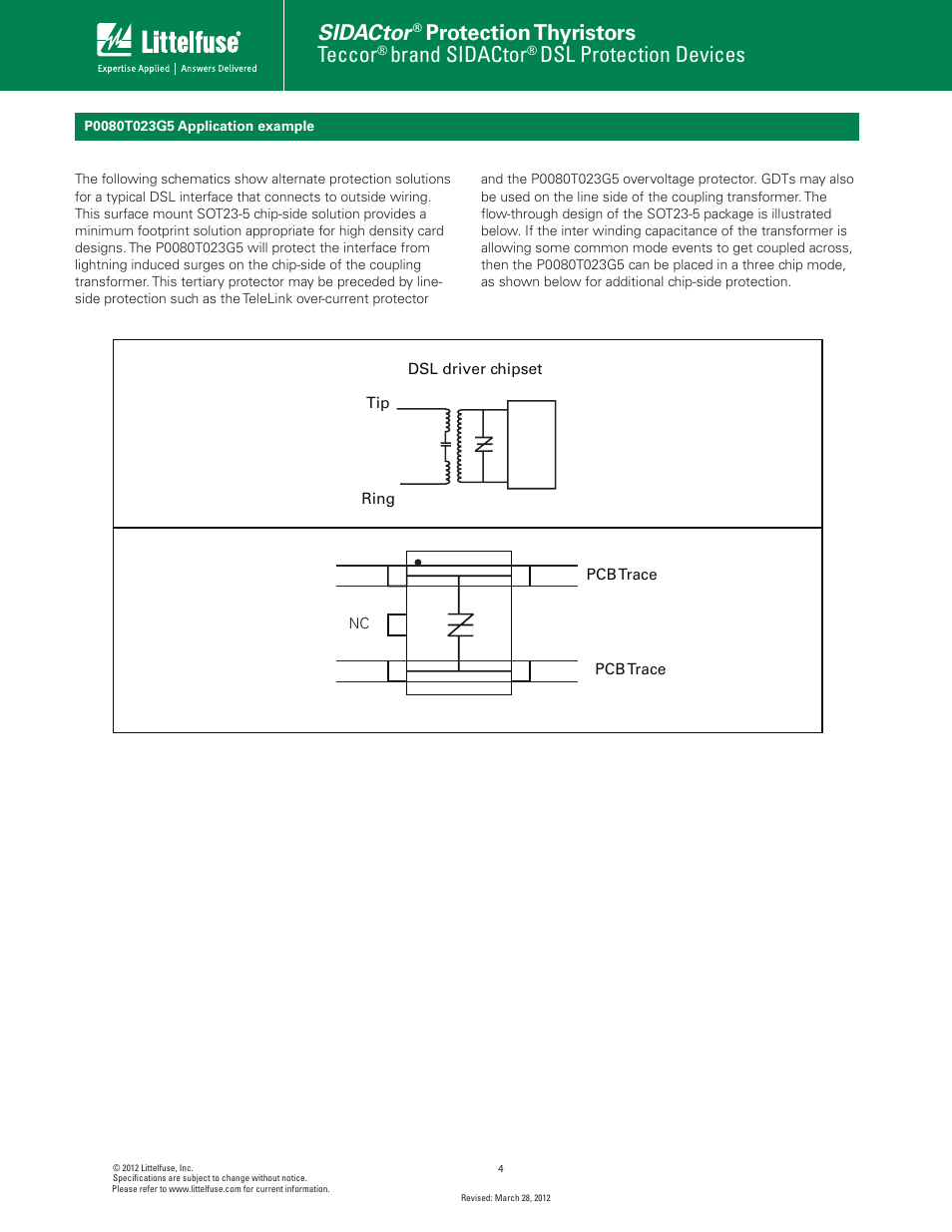 Sidactor, Protection thyristors, Teccor | Brand sidactor, Dsl protection devices | Littelfuse P0080T023G5 User Manual | Page 4 / 6