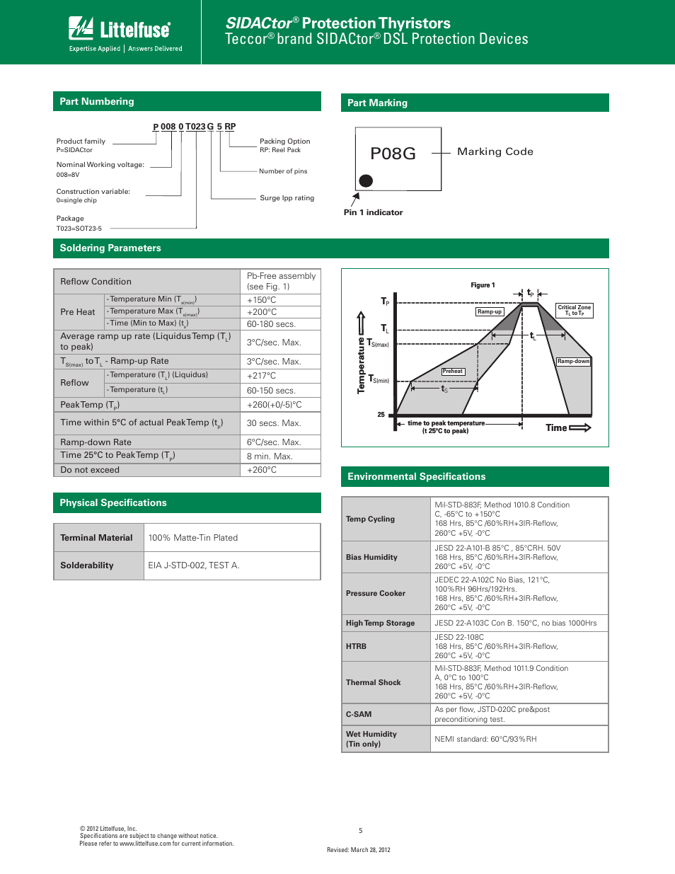 P08g, Sidactor, Protection thyristors | Teccor, Brand sidactor, Dsl protection devices | Littelfuse P0080T023G5 User Manual | Page 5 / 6