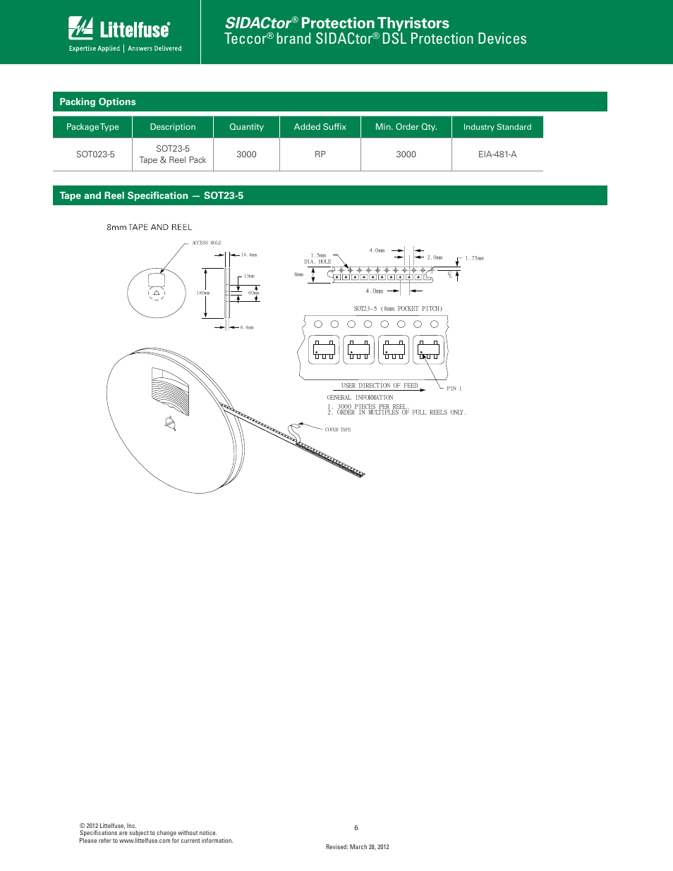 Sidactor, Protection thyristors, Teccor | Brand sidactor, Dsl protection devices | Littelfuse P0080T023G5 User Manual | Page 6 / 6