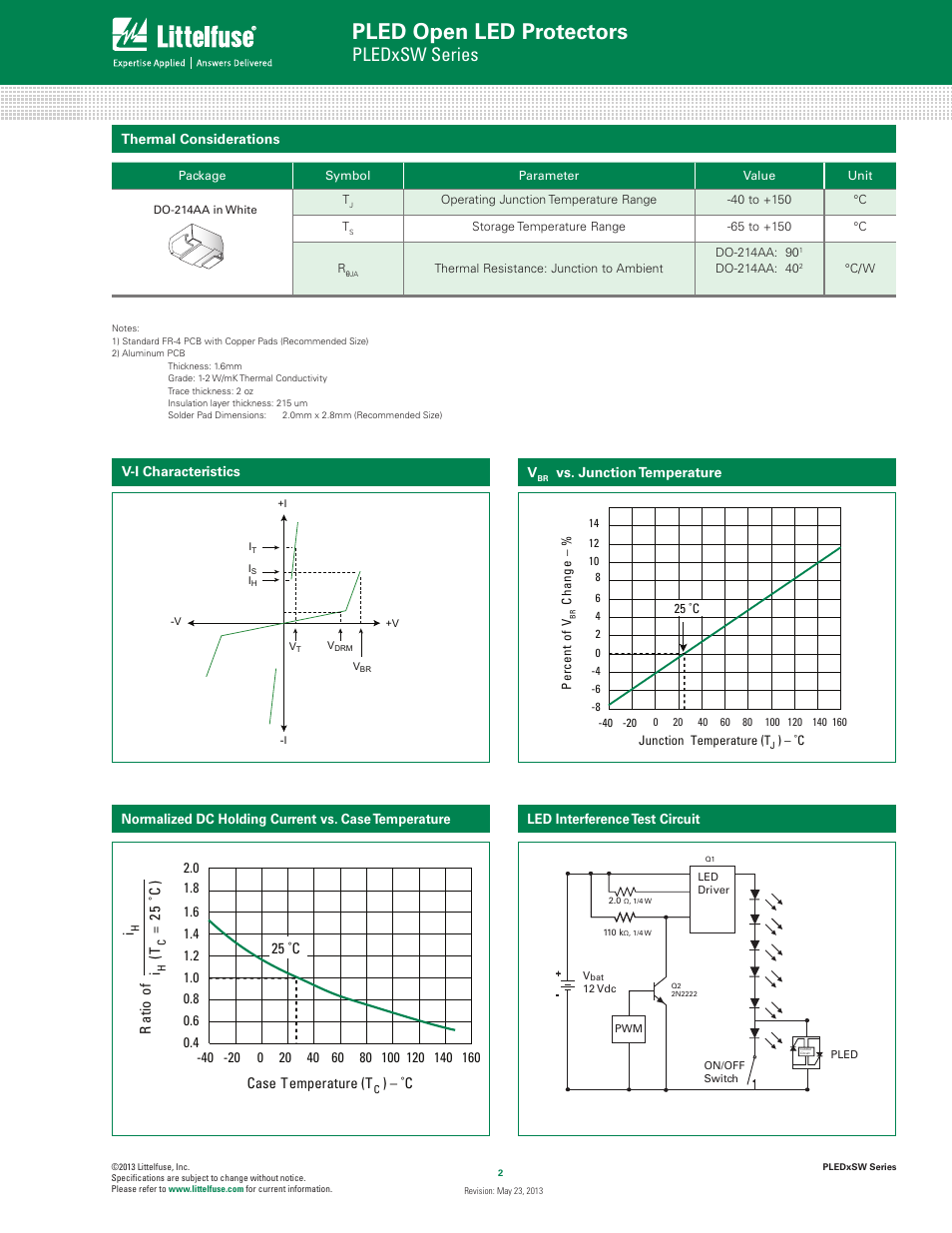 Thermal considerations, V-i characteristics, Vbr vs. junction temperature | Normalized dc holding current vs. case temperature, Led interference test circuit, Pled open led protectors, Pledxsw series | Littelfuse PLEDxSW Series User Manual | Page 2 / 5