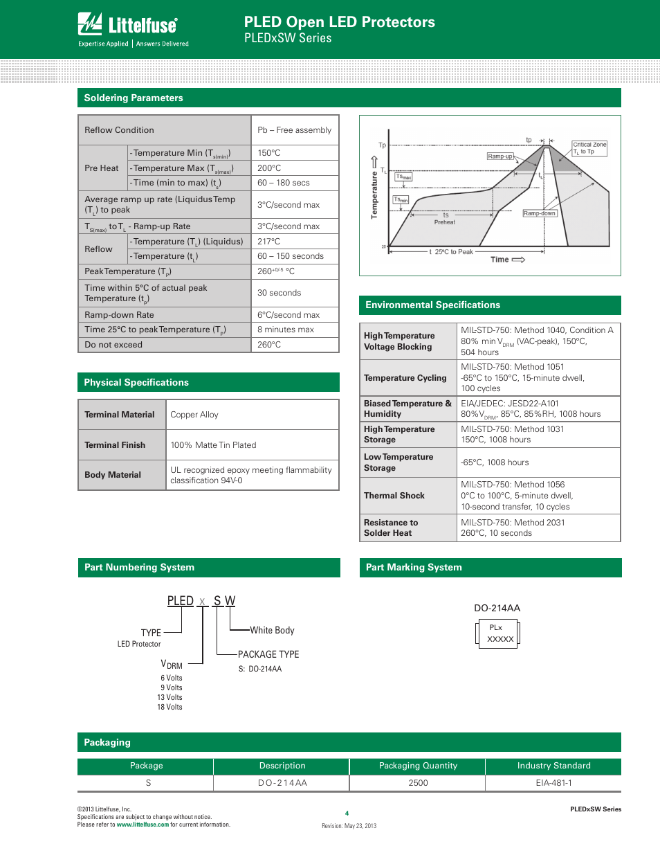 Part marking system, Part numbering system, Packaging | Soldering parameters, Physical specifications, Environmental specifications, Pled open led protectors, Pledxsw series, Pled | Littelfuse PLEDxSW Series User Manual | Page 4 / 5