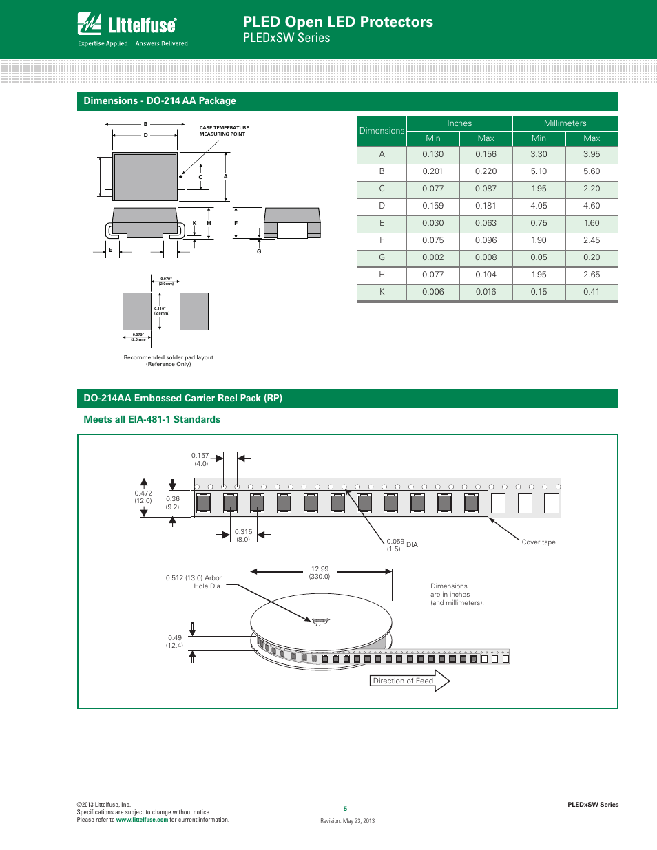 Package info, Dimensions - do-214 aa, Embossed carrier reel pack | Pled open led protectors, Pledxsw series | Littelfuse PLEDxSW Series User Manual | Page 5 / 5