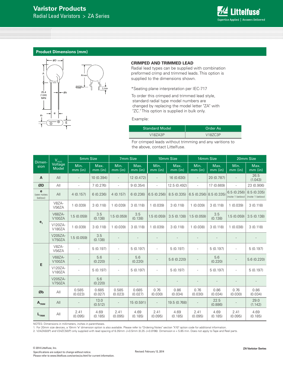 Varistor products, Radial lead varistors > za series | Littelfuse ZA Varistor Series User Manual | Page 11 / 14