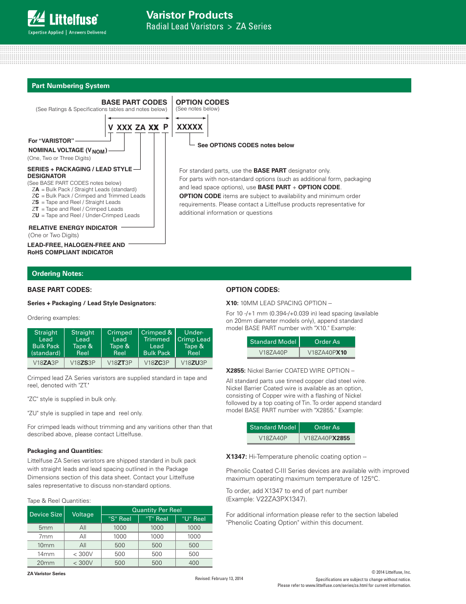 Varistor products, Radial lead varistors > za series | Littelfuse ZA Varistor Series User Manual | Page 14 / 14