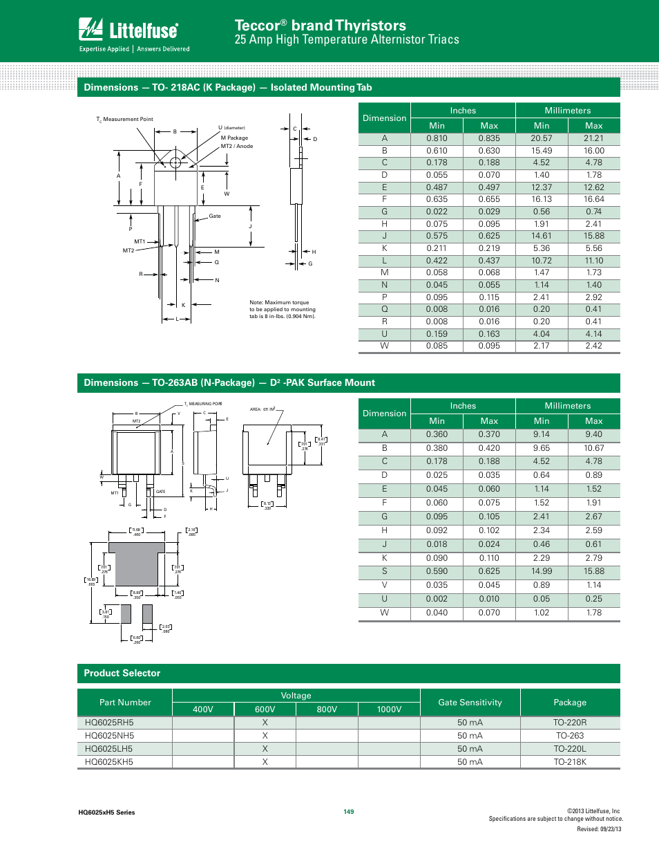 Teccor, Brand thyristors, 25 amp high temperature alternistor triacs | Product selector, Dimensions — to-263ab (n-package) — d, Pak surface mount | Littelfuse HQ6025xH5 Series User Manual | Page 7 / 8