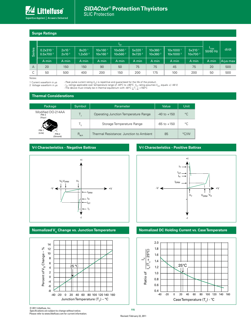 Sidactor, Protection thyristors, Slic protection | 25°c, Surge ratings, Normalized v, V-i characteristics - positive battrax | Littelfuse Battrax Series DO-214 User Manual | Page 2 / 4