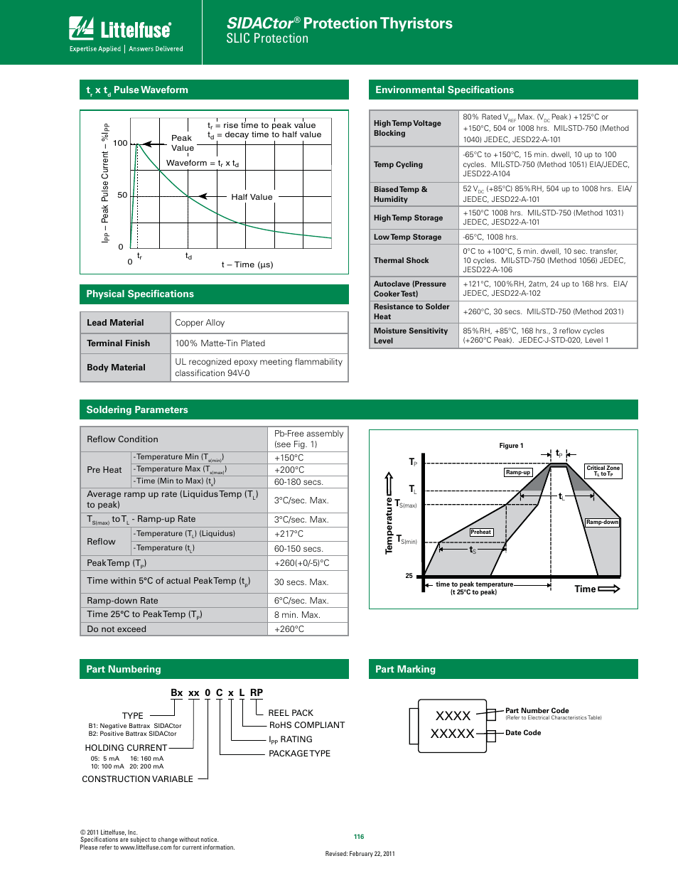 Sidactor, Protection thyristors, Slic protection | Pulse waveform physical speciﬁcations, Soldering parameters environmental speciﬁcations, Part marking part numbering, Bx xx 0 c x l rp | Littelfuse Battrax Series DO-214 User Manual | Page 3 / 4