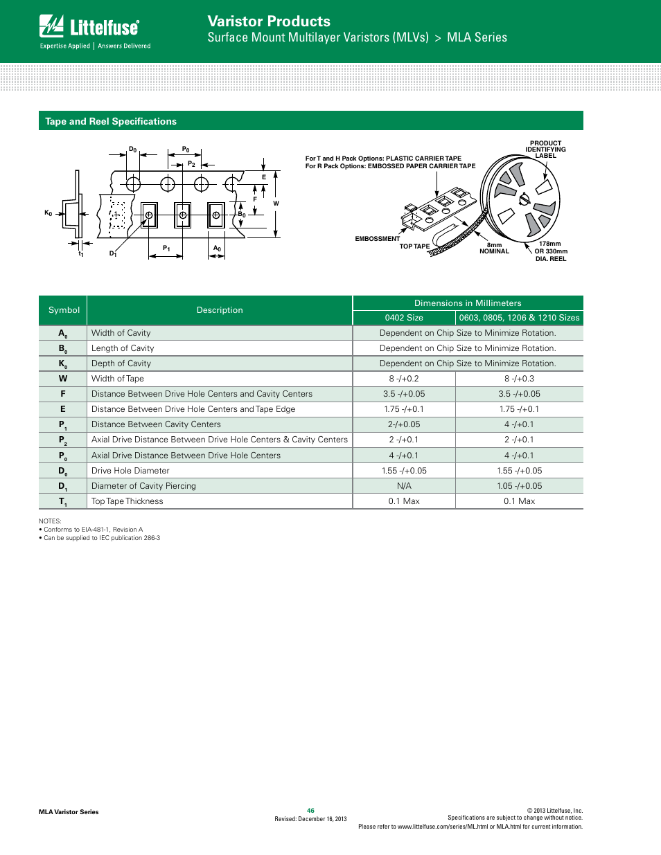 Varistor products, Tape and reel specifications | Littelfuse MLA Varistor Series User Manual | Page 8 / 8