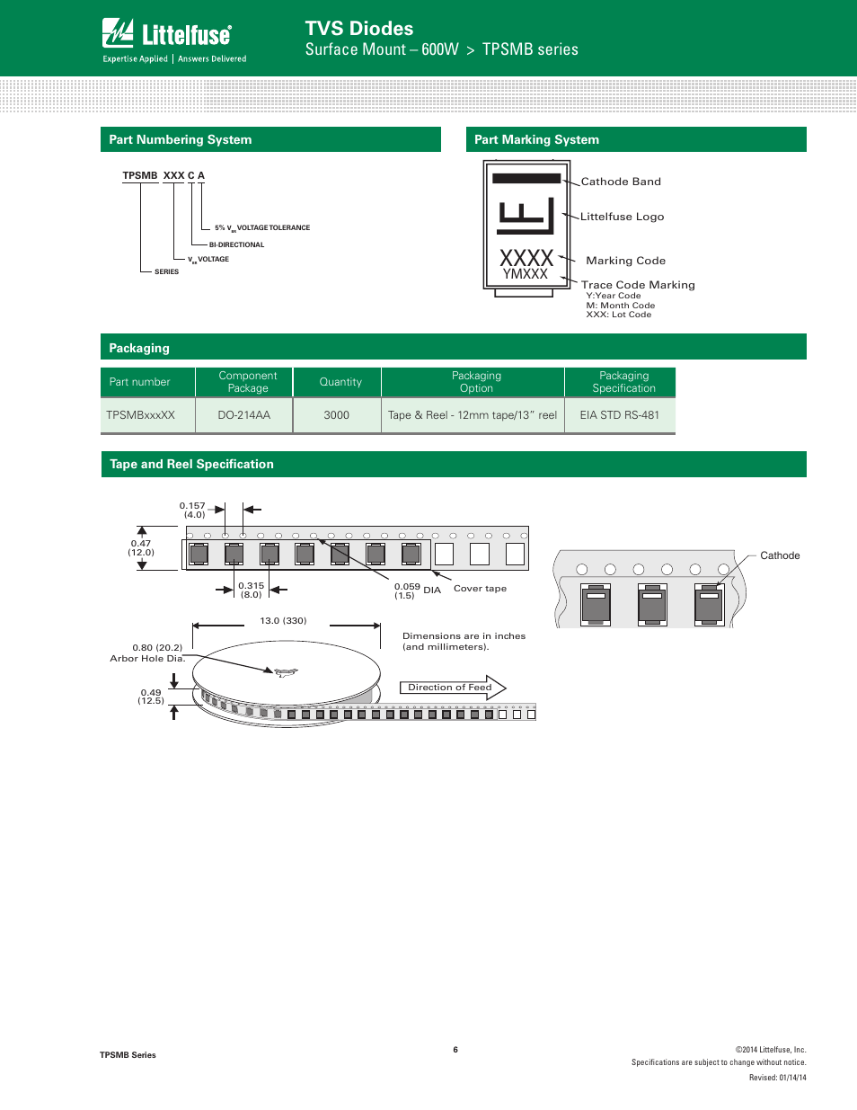 Tvs diodes, Surface mount – 600w > tpsmb series, Ymxxx | Littelfuse TPSMB Series User Manual | Page 6 / 6