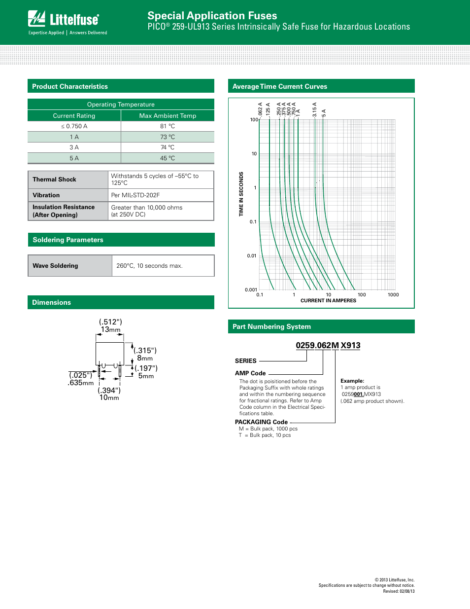 Special application fuses, Pico, 259 series | Littelfuse PICO 259-UL913 Series User Manual | Page 2 / 2