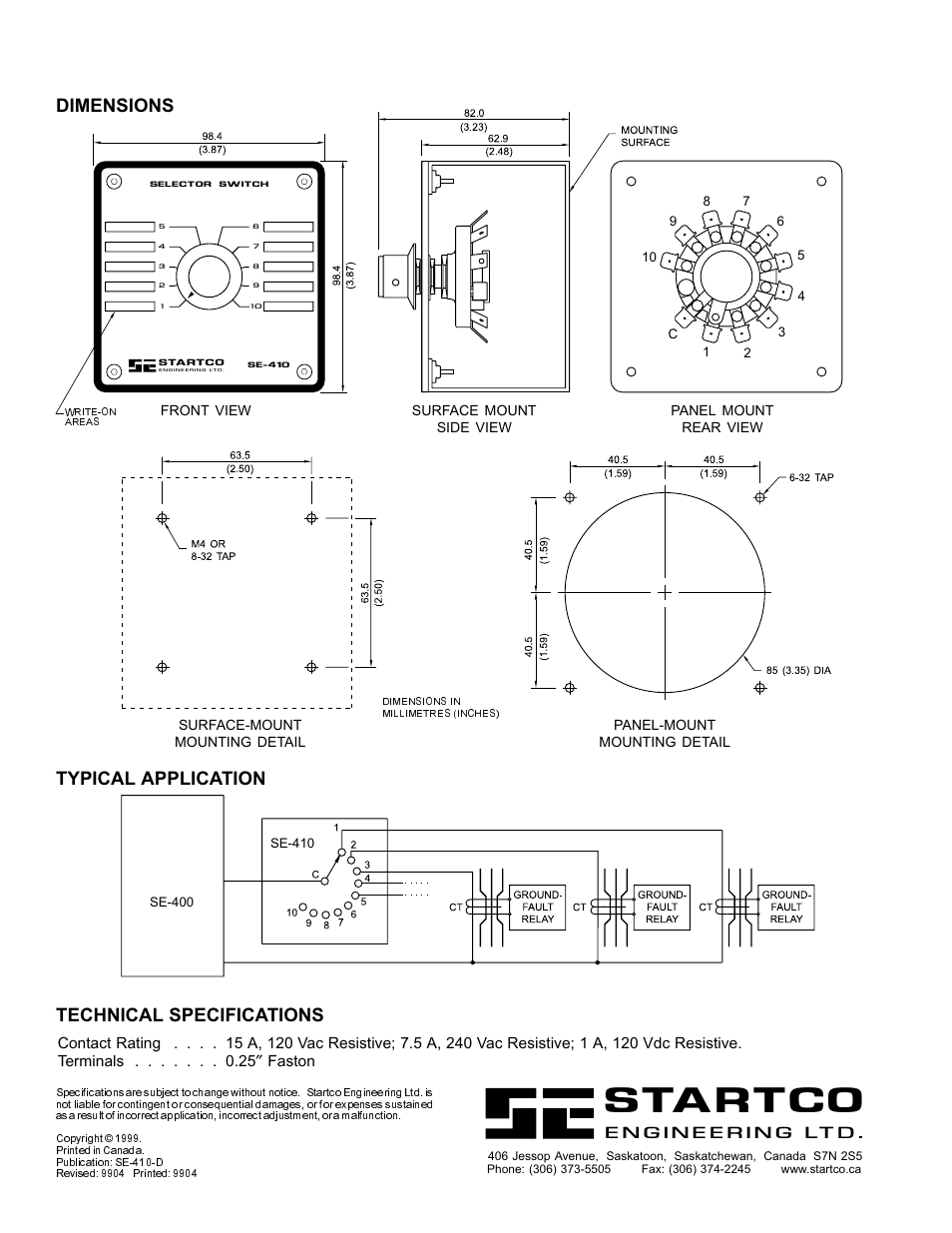 Startco, Dimensions typical application, Technical specifications | Littelfuse SE-410 Series User Manual | Page 2 / 2