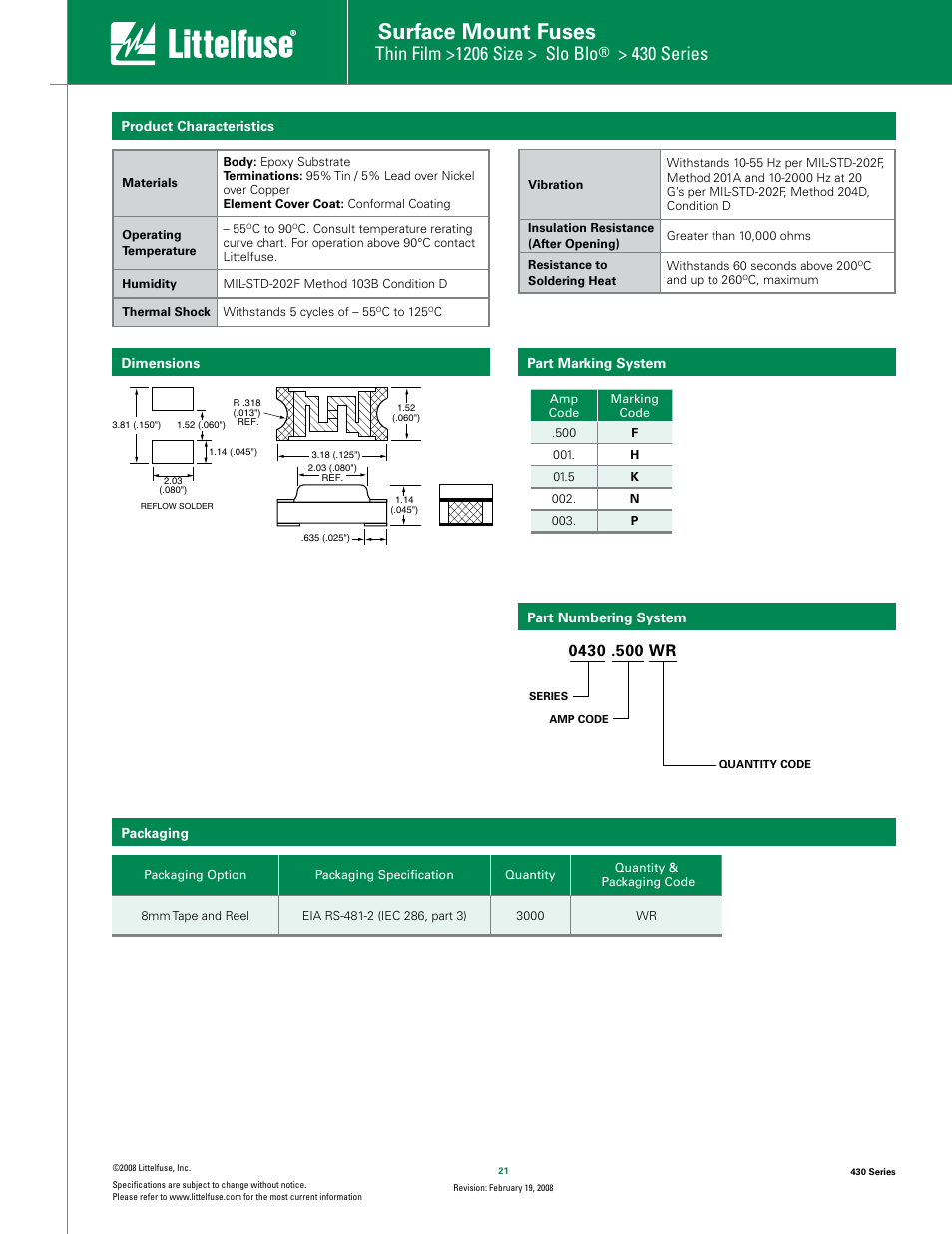 Surface mount fuses, Thin film >1206 size > slo blo, 430 series | Littelfuse 430 Series User Manual | Page 3 / 3