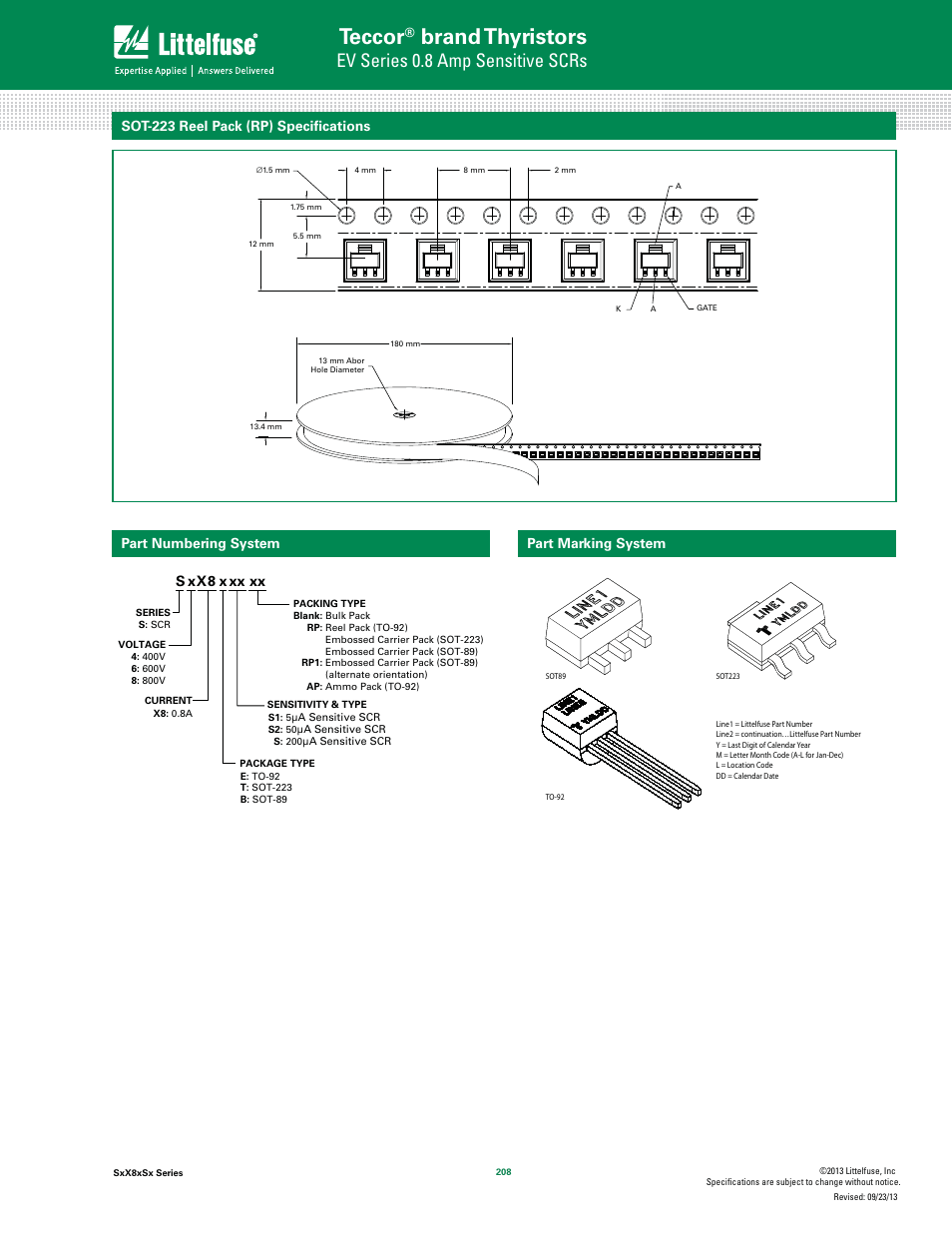 Teccor, Brand thyristors, Ev series 0.8 amp sensitive scrs | Part numbering system, S xx8 | Littelfuse SxX8xSx Series User Manual | Page 10 / 10