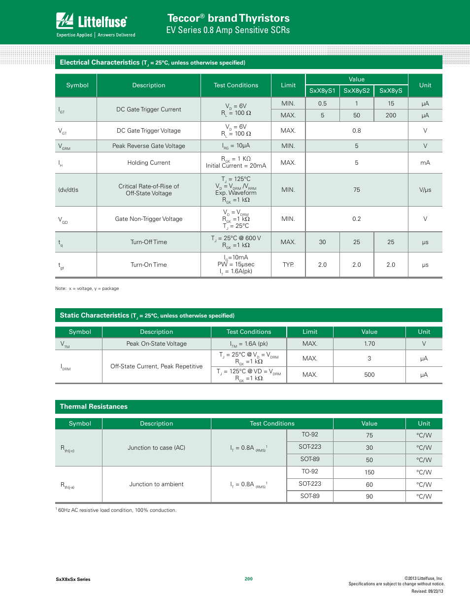 Teccor, Brand thyristors, Ev series 0.8 amp sensitive scrs | Littelfuse SxX8xSx Series User Manual | Page 2 / 10