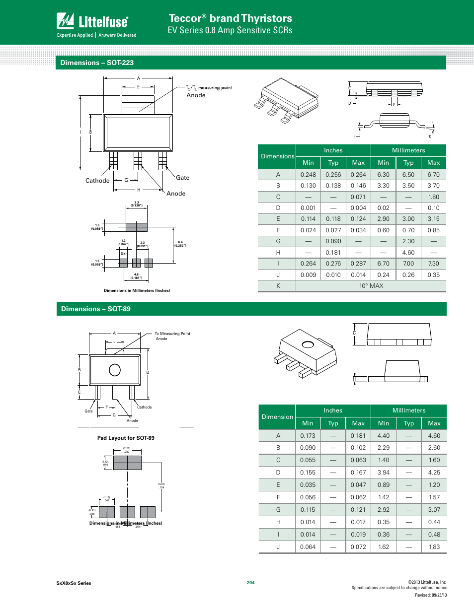 Teccor, Brand thyristors, Ev series 0.8 amp sensitive scrs | Littelfuse SxX8xSx Series User Manual | Page 6 / 10