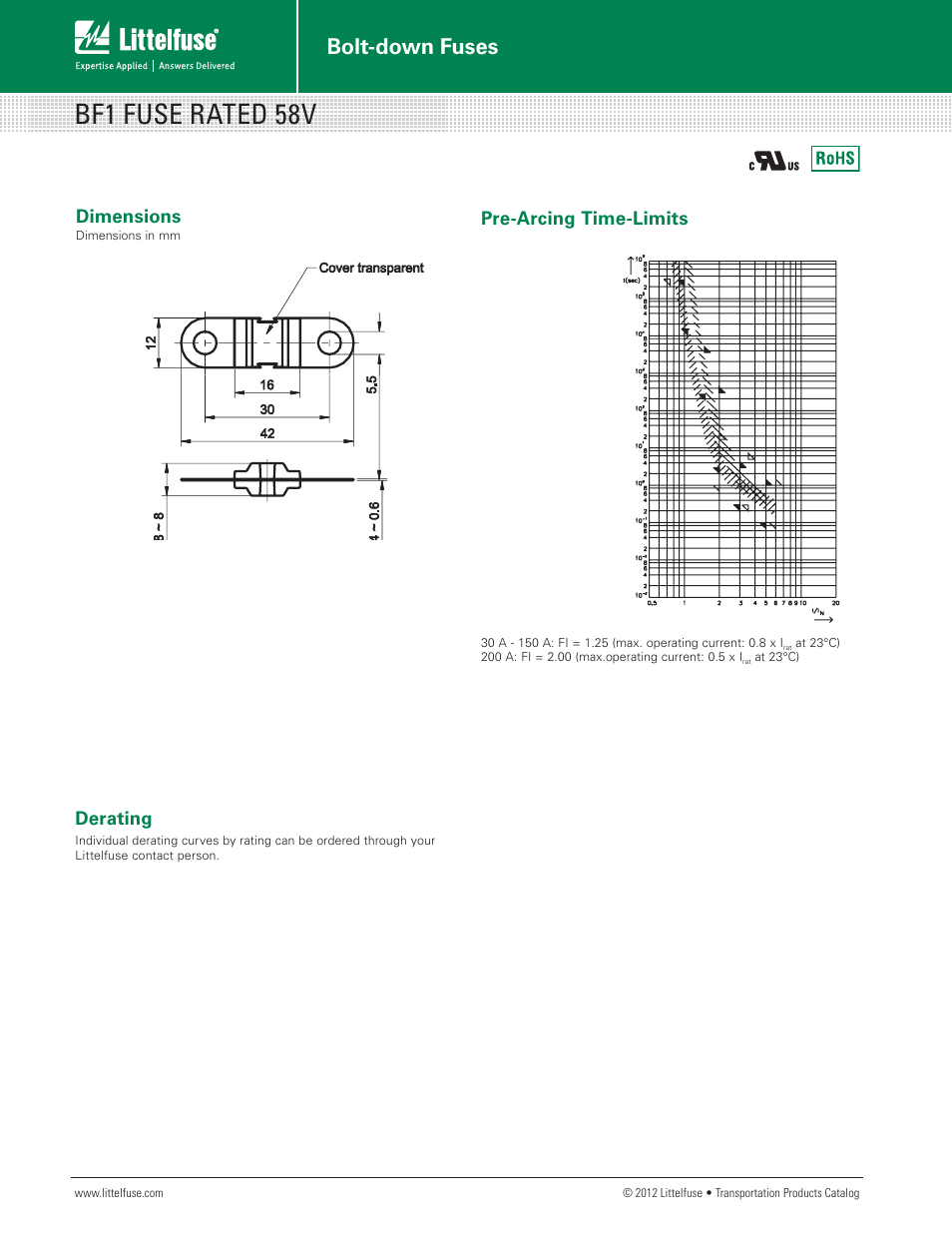 Bf1 fuse rated 58v, Bolt-down fuses, Dimensions | Pre-arcing time-limits, Derating | Littelfuse BF1 58V Series User Manual | Page 2 / 2