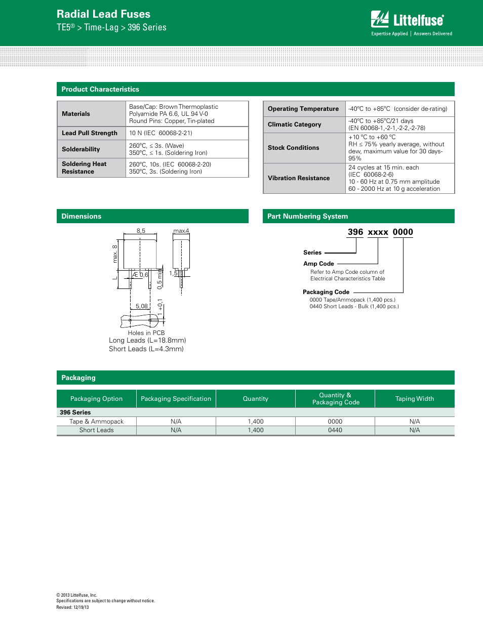 Radial lead fuses, Time-lag > 396 series | Littelfuse 396 Series User Manual | Page 3 / 3